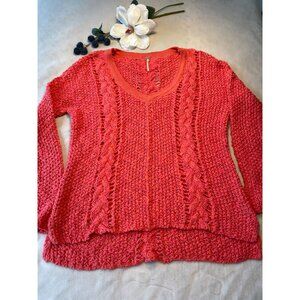 Free People Womens M Coral Pink loose Knit Cable Sweater Cottagecore Lagenlook